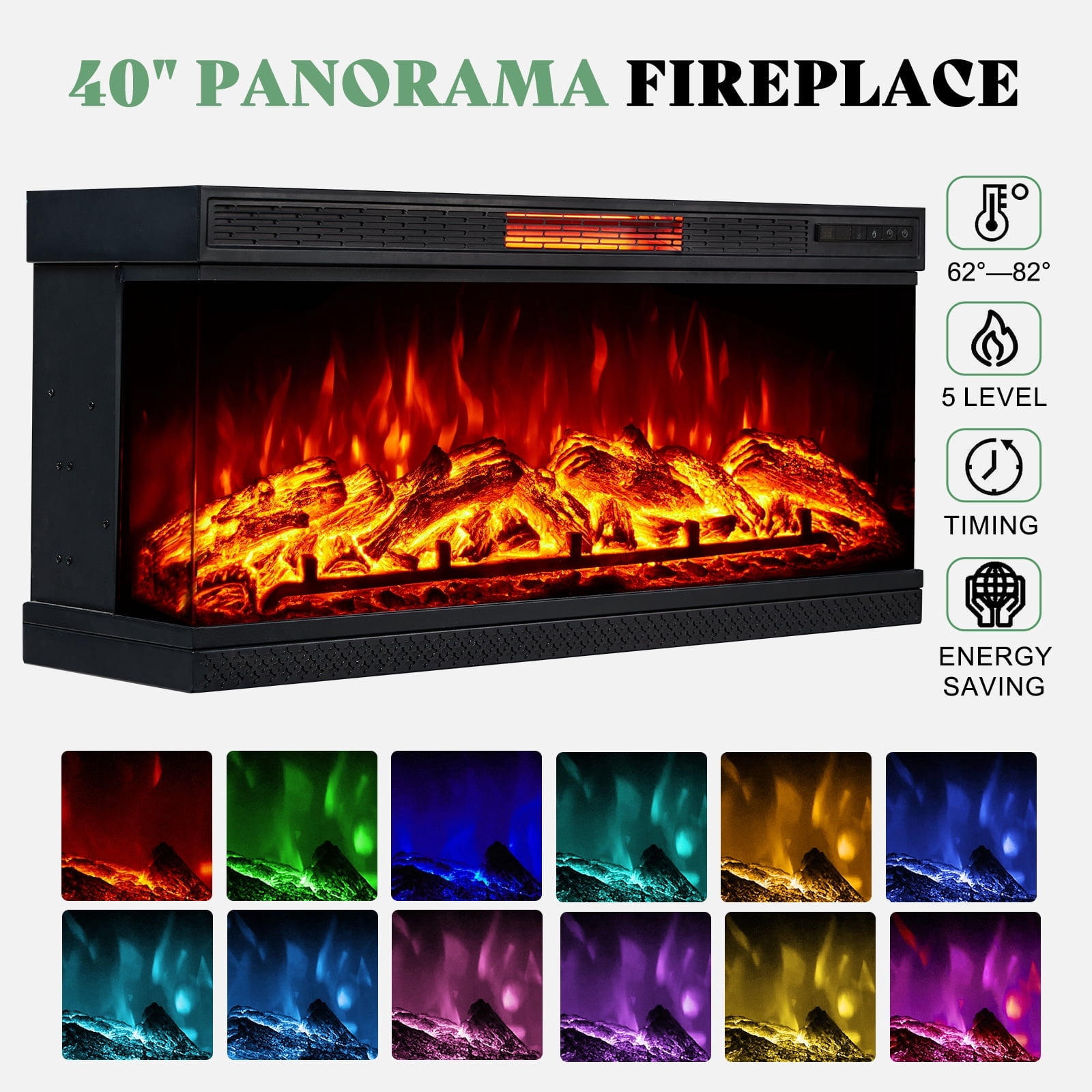VANACC 75in 3-Sided Glass Fireplace TV Stand for TVs up to 85", Black