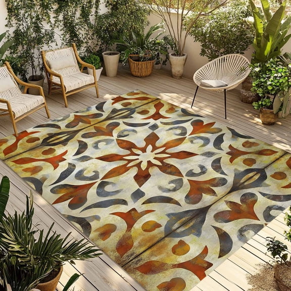 Fsddascl Orange Grey Boho Outdoor Rug for Patio/Deck/Porch, Non-Slip Large Area Rug 4 x 6 Ft, Retro Flowers Impressionist Abstract Indoor Outdoor Rugs Washable Area Rugs, Camping Rug Carpet