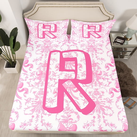 Erosebridal Monogrammed Fitted Sheet Queen,Bowknot Bow Flower Bedding Set Queen Size,Initial Letter R Fitted Sheet Set Queen,Lightweight Bedroom Decor,3 Pieces(No Top Sheet)