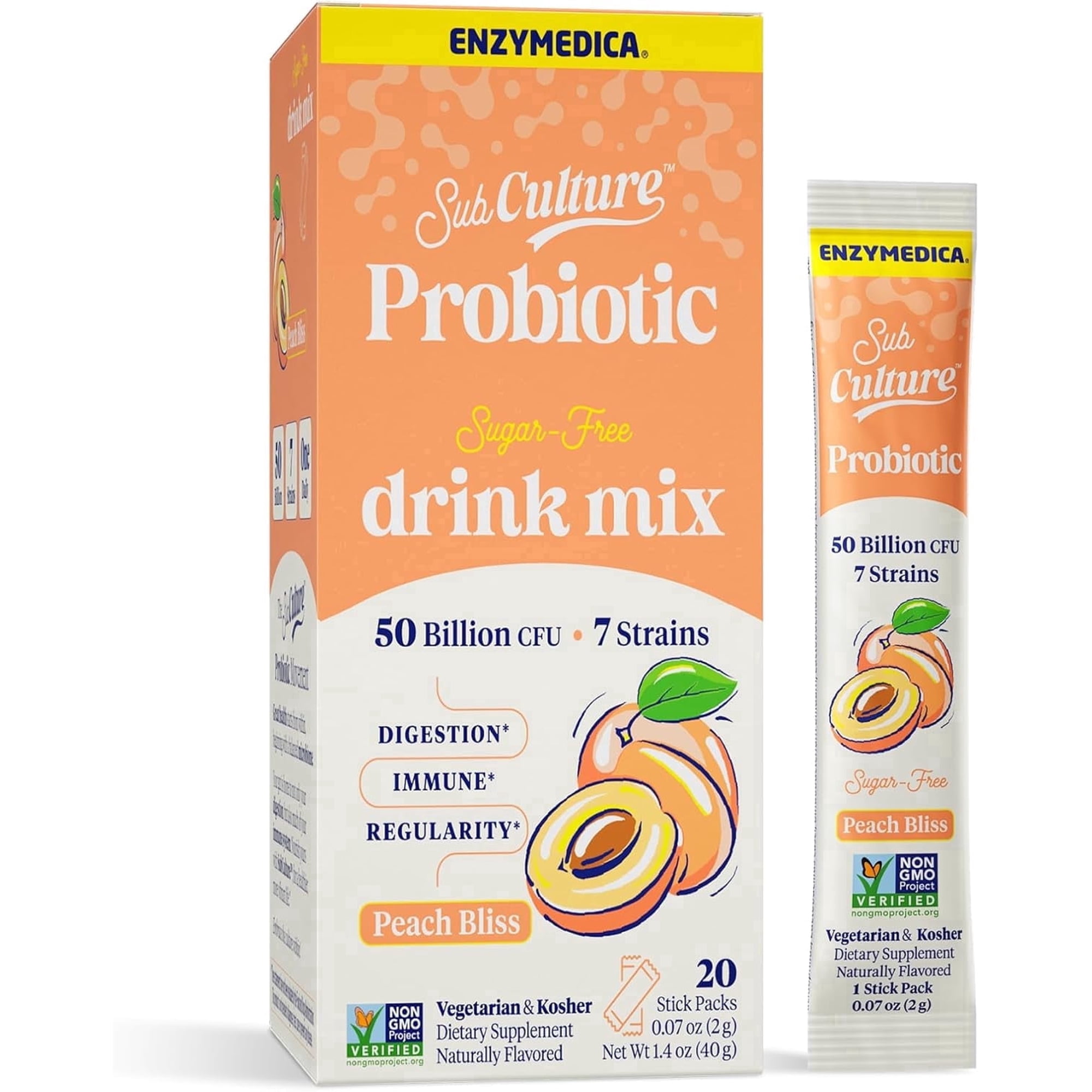 Enzymedica, SubCulture Peach Bliss Probiotic Powder, Daily Drink, Supports Gut Health & Immune Function, Probiotics for Women and Men, Sugar-Free, 20 Stick Packs