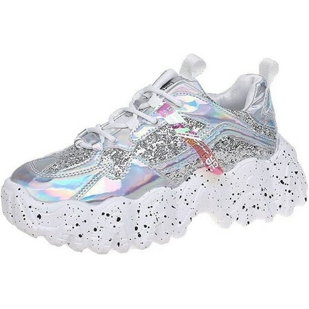 

SHYUU Women s Clunky Trainers Platform Casual Sports Breathable Sports Shoes Lace Sequins Fabric Spring Autumn High Top Trainer Shoes