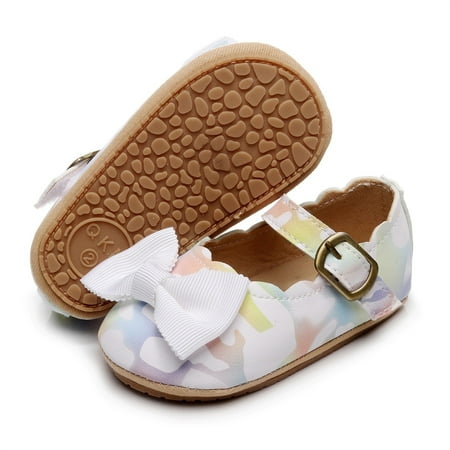 

kpoplk Toddler Sandals Girl Girls Single Shoes Bow Tiet First Walkers Shoes Buckle Strap Baby First Walking Shoes(White)