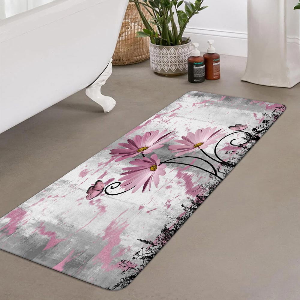 Rustic Farmhouse Bath Rug, Farm Pink Grey Daisy Floral Flowers and Butterfly on Country Wooden Bath Mat, Gray White Kitchen Rug Floor Mat Soft Non Slip Runner Carpet Indoor Doormat 17X48IN