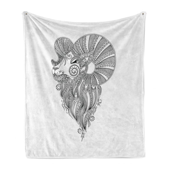 Zodiac Aries Soft Flannel Fleece Throw Blanket, Zentangle Ram's Head in Tattoo Style Doodle with Curly Artwork, Cozy Plush for Indoor and Outdoor Use, 70" x 90", White and Black, by Ambesonne
