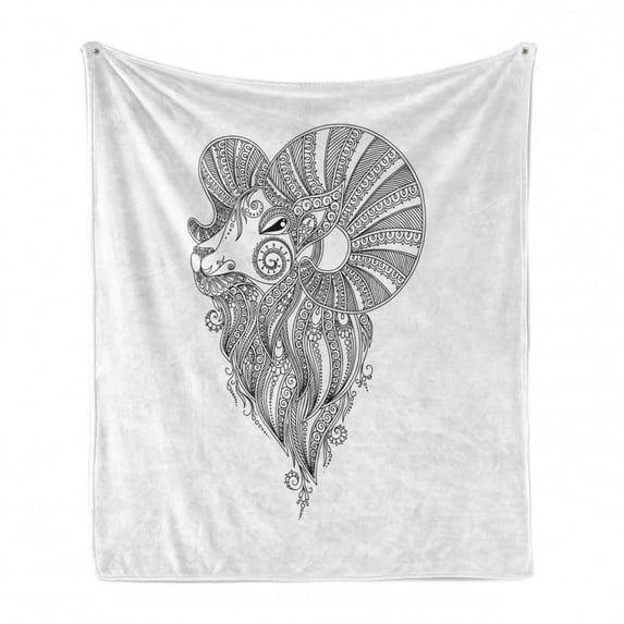 Zodiac Aries Soft Flannel Fleece Throw Blanket, Zentangle Ram's Head in Tattoo Style Doodle with Curly Artwork, Cozy Plush for Indoor and Outdoor Use, 50" x 60", White and Black, by Ambesonne