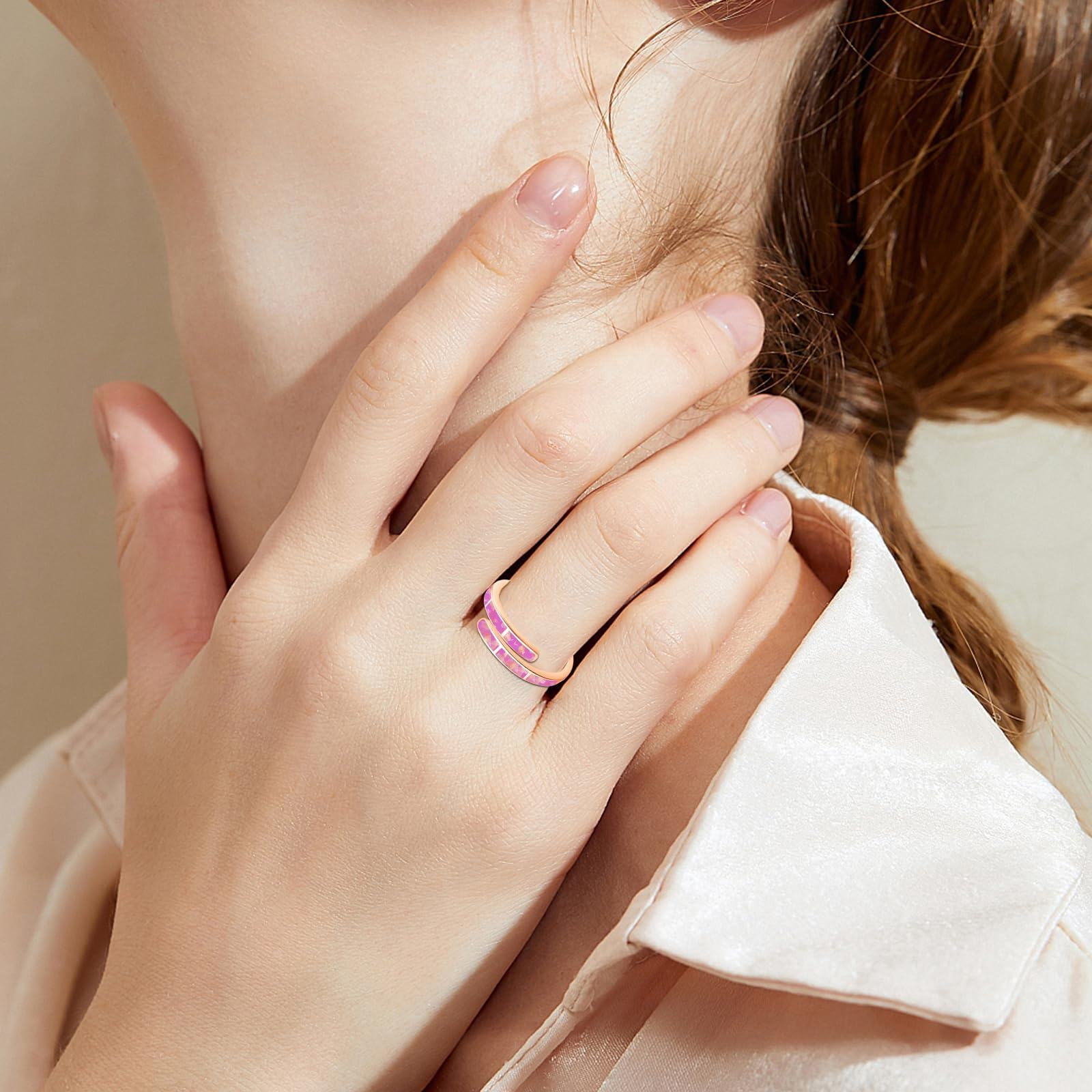 Coachuhhar Opal Ring 925 Sterling Silver Adjustable Pink Opal Rings Opal Jewelry Gifts for Women Birthday