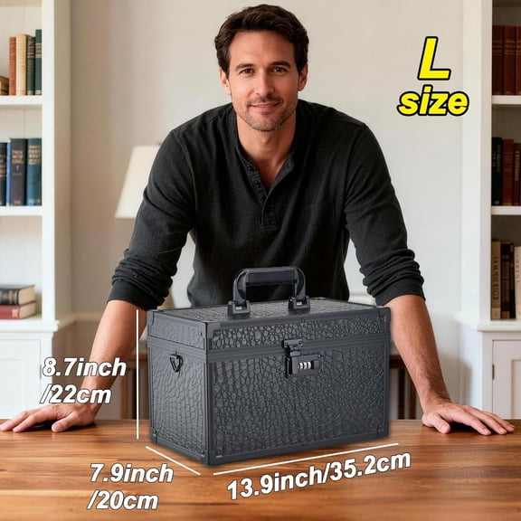 Combination Lock Box with Handle, Portable Multipurpose Locking Storage , Home Outdoor Security Lockbox, Organizer for Accessories Medicine Cosmetics Toys Tools (Crocodile Black, Large)