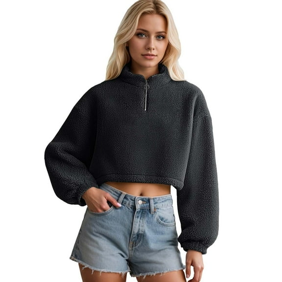 UJNDER Women's Half High Neck Zip Up Cropped Sweatshirt Long Sleeve Soft Warm Casual Black XL