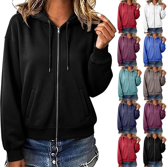 Casual Womens Zip Up Hoodie Long Sleeve Solid Color Full Zip Hooded Sweatshirt with Pockets Drawstring Hood Relaxed Fit Lightweight Cozy Fall Winter Outerwear