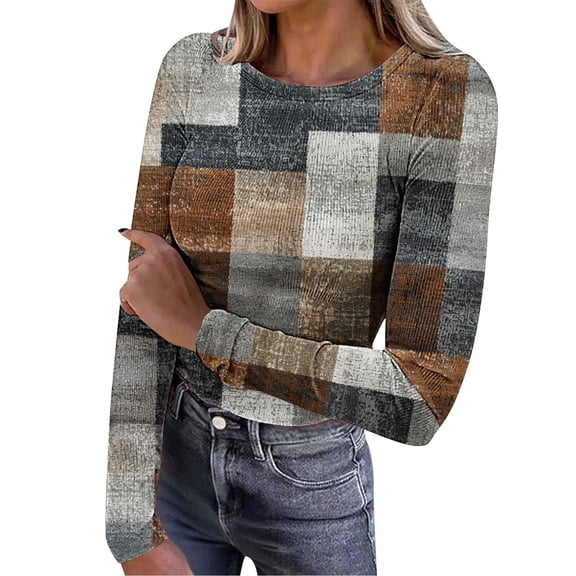 FNFYFH Women's Floral Print Ribbed Blouse Tops Slim Fitted Knit Crewneck Shirt Long Sleeve Casual 2025 Fall Top