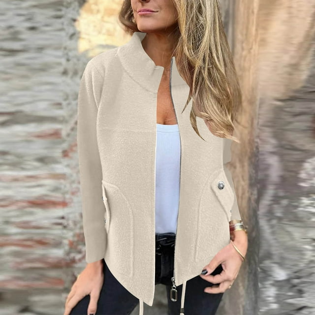 Blusa de poliéster para mujer, de manga larga, informal, sin capucha, con cremallera, deportiva, de color liso