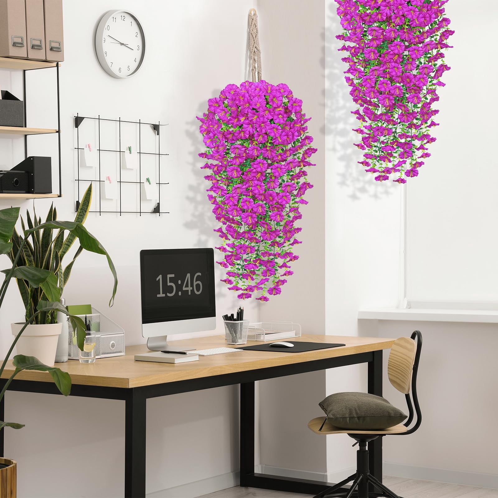 Artificial Fake Hanging Flowers Plants for Outdoor 2PCS Faux Silk Morning Glory Flowers with Eucalyptus Leaves UV Resistant Hanging