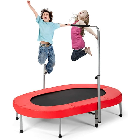 YEXJ Mini Trampoline, 2 Persons Foldable Fitness Trampoline w/ 5 Levels Height Adjustable Handle, Max Load 330LBS, Indoor Oval Rebounder Exercise Trampoline for Adult, Kid, Enjoy Parent-child Time