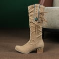thumbnail image 5 of Leozcaa Womens Fringe Western Boots Fashion Hidden Heel Mid Calf Boots Round Toe Tassel Moccasin Boots, 5 of 8
