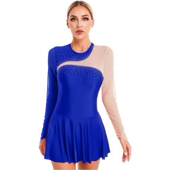 CHICTRY Womens Rhinestone Figure Skating Ballet Lyrical Dance Wear Sheer Mesh Patchwork Long Sleeve Gymnastics Dress Royal Blue L