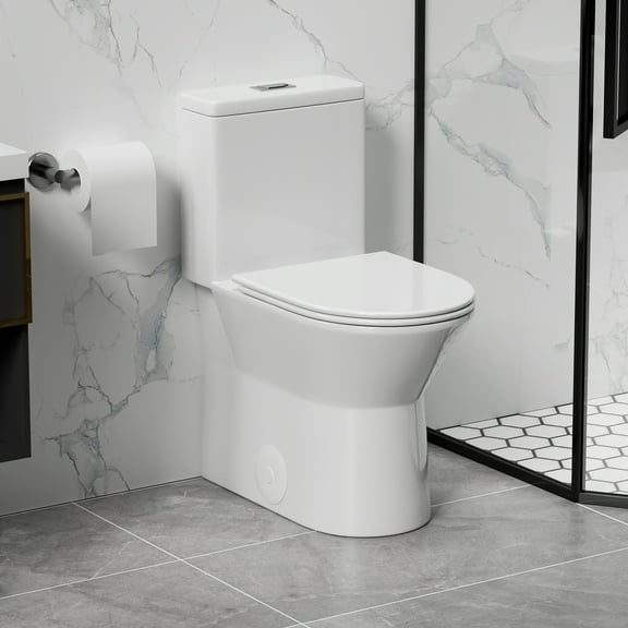 1.1/1.6 GPF Tornado Flush One-Piece Toilet with Comfort Chair Seat ADA Height 17",Powerful & Quiet Dual Flush Modern Toilet,Siphonic S-trap 12",Rimless Bowl with Soft Closing Seat,Gloss White GW-005
