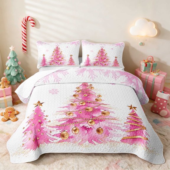 Manfei Christmas Tree Twin Quilt Set Holiday Twin Coverlet Set, Cream Red 2-Piece 1 Bedspread and 1 Pillowcase
