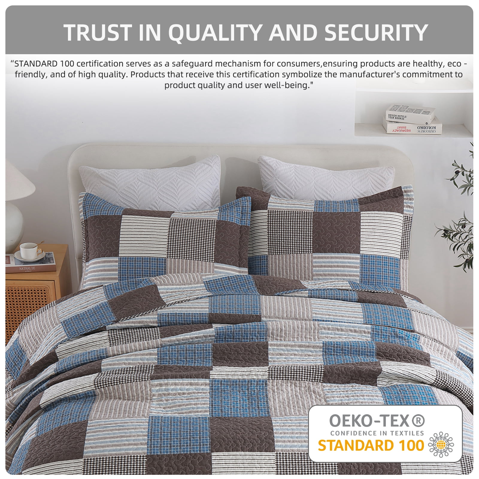 PANGUSHAN 100% Cotton King Quilt Set, Farmhouse Patchwork King Size Quilt Bedding Set Bedspreads, Reversible Quilted Lightweight Comforter, Blue/Brown Bed Spread for King Bed, 3 Pieces