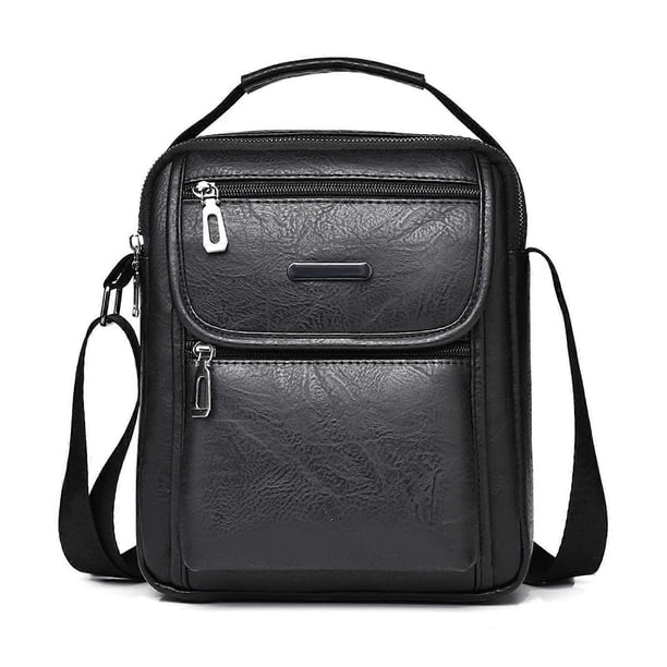 Pure-Color Leather Shoulder Bag with Zip Front Bag Waterproof Leisure Large Capacity Bag for Men Travel Work