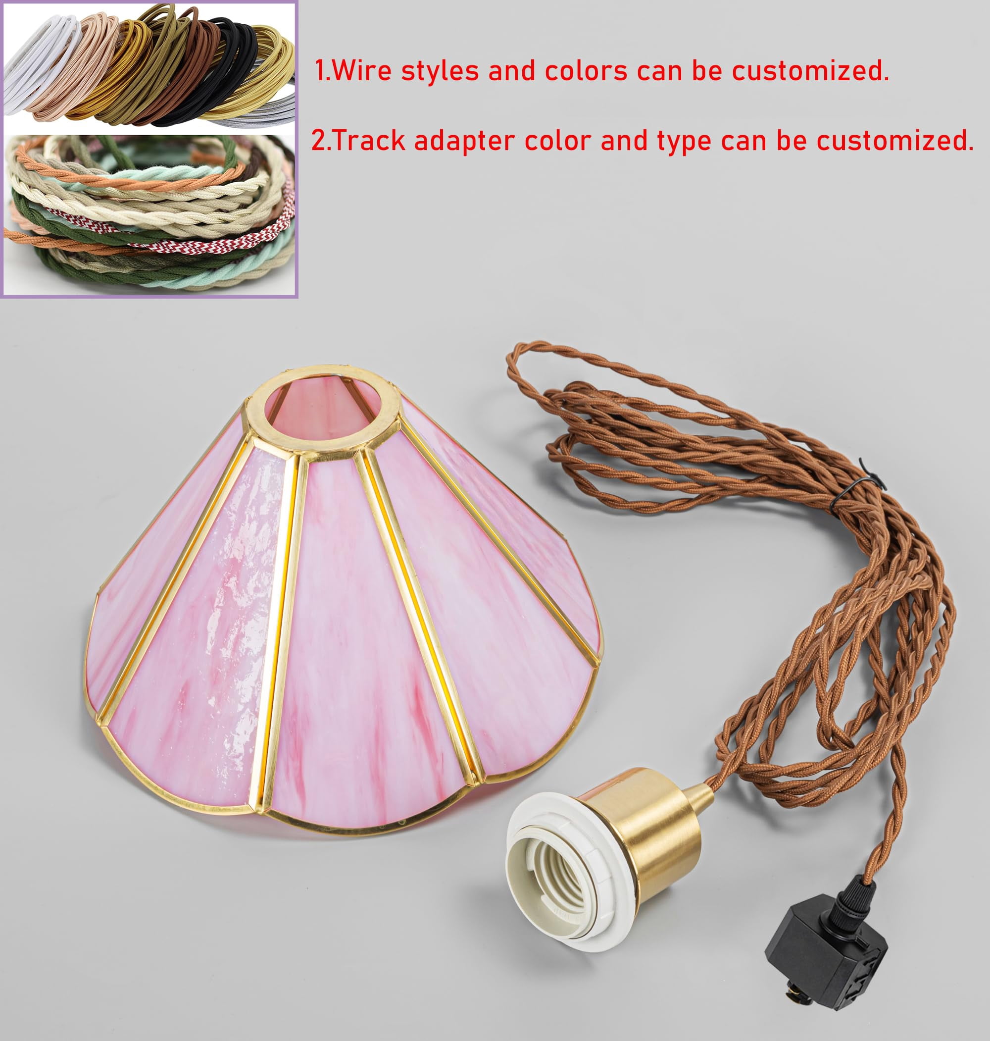 KAYYELAMP J-Type Pink Glass Track Lighting E26 Brass Base Cord Adjustable Vintage Design 3.9 Feet for Kitchen Restaurant(No Bulb, Track)