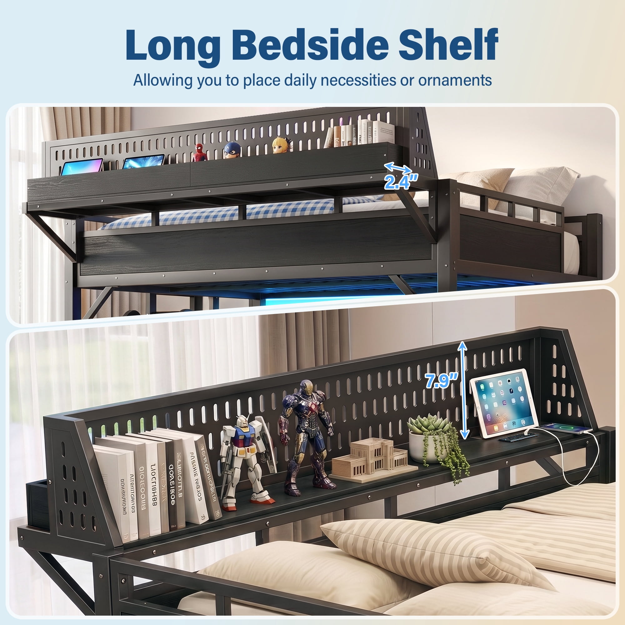 Aukfa Queen Size Metal Loft Bed with Slide, Shelves, Wardrobe, USB Ports & LED Lights, Space-Saving Bed Frame for Kids Teens Adults, Black