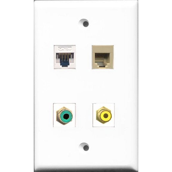 RiteAV 1 Port RCA Yellow and 1 Port RCA Green and 1 Port Phone RJ11 RJ12 Beige and 1 Port Cat5e Ethernet White Wall Plate
