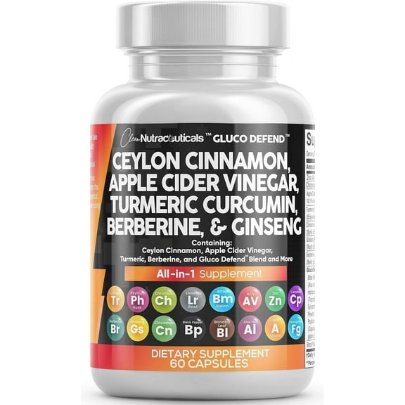 Clean Nutraceuticals Ceylon Cinnamon Capsules   Berberine Turmeric Apple Cider Vinegar Ginseng Bitter Melon Gymnema Milk Thistle Fenugreek Supplement Pills Powder for Men & Women