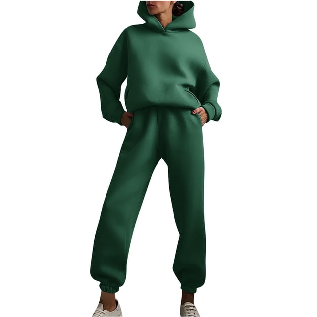 Timegard Sweatsuits for Women 2 Piece Outfits Hooded Solid Color Long Sleeve Pullover Tops Sweatpants with Pockets Set