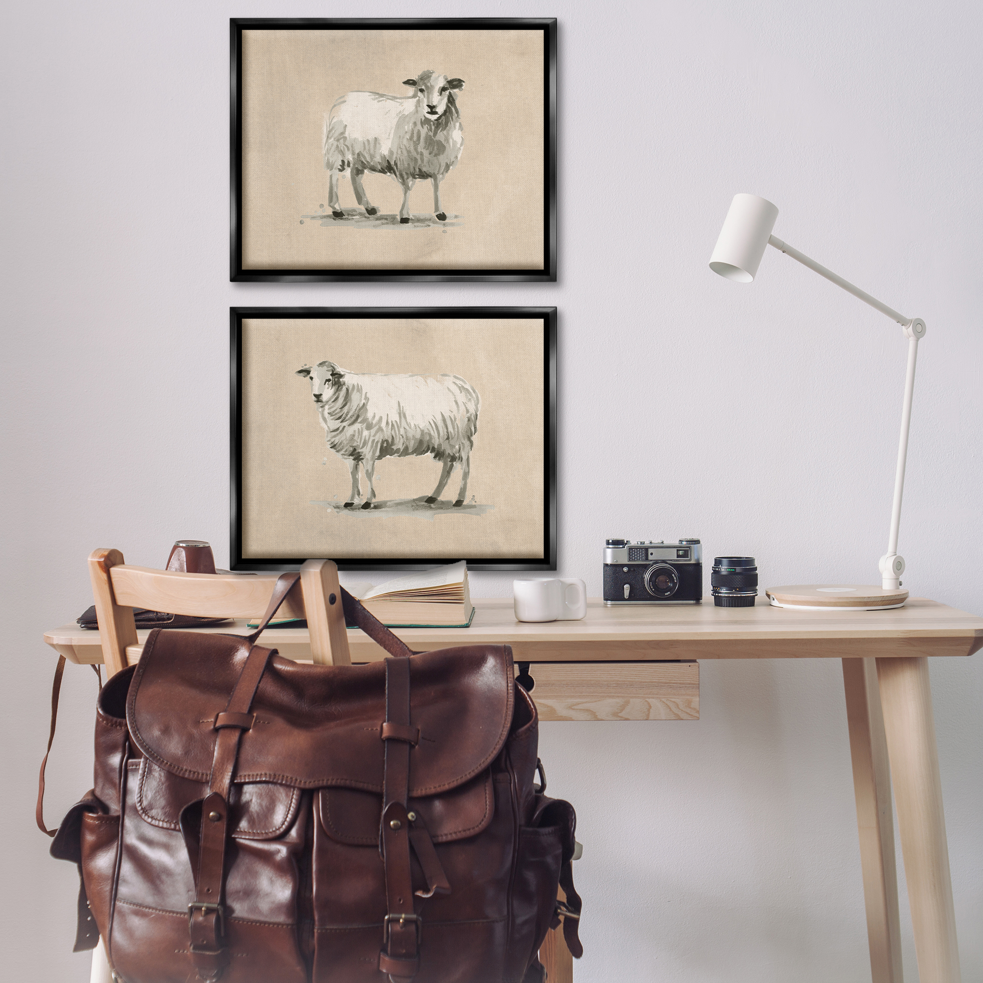 Stupell Industries Beige Sheep Portrait Animals Painting Black Floater Framed Canvas Art Print Wall Art, 31 x 25, Set of 2