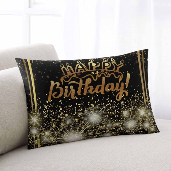 Happy Birthday Throw Pillow Covers, Luxurious Black Golden Cake Fireworks Soft Breathable Pillow Cases with Invisible Zipper for Sleeping, Small Pillowcases for Couch Bed Sofa Chair 16x24 Inches