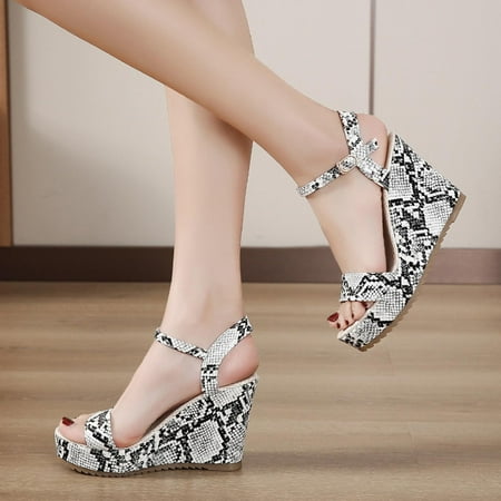 

EQWLJWE Beach Sandals for Women Peep toe Snakeskin Print Wedge Sandals with Heels Sandals Women Dressy Summer Heel