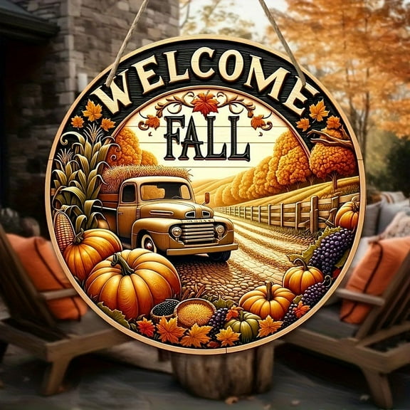 Fall Harvest Welcome Pumpkin Truck Wooden Round Sign – Creative Halloween and Thanksgiving Decoration, Perfect for Doors, Windows, and Home Decor, Ideal for Indoor and Outdoor Use