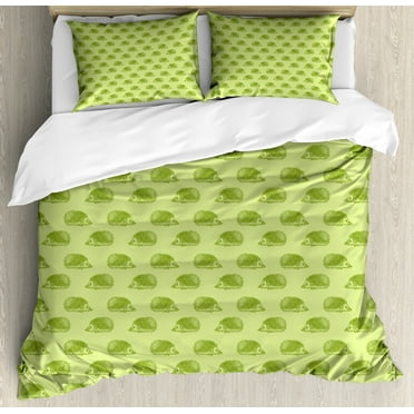 Hedgehog Queen Size Duvet Cover Set, Australian Spiny Mammal Characters Going to Opposite Directions, Decorative 3 Piece Bedding Set with 2 Pillow Shams, Pistachio and Lime Green, by Ambesonne
