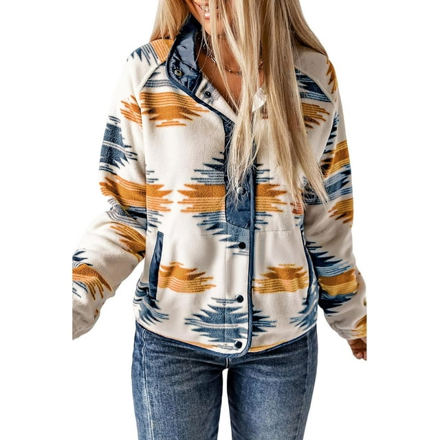 Womens Fleece Jacket Western Aztec Print Long Sleeve Snap Button Down Shacket Jackets with Pockets