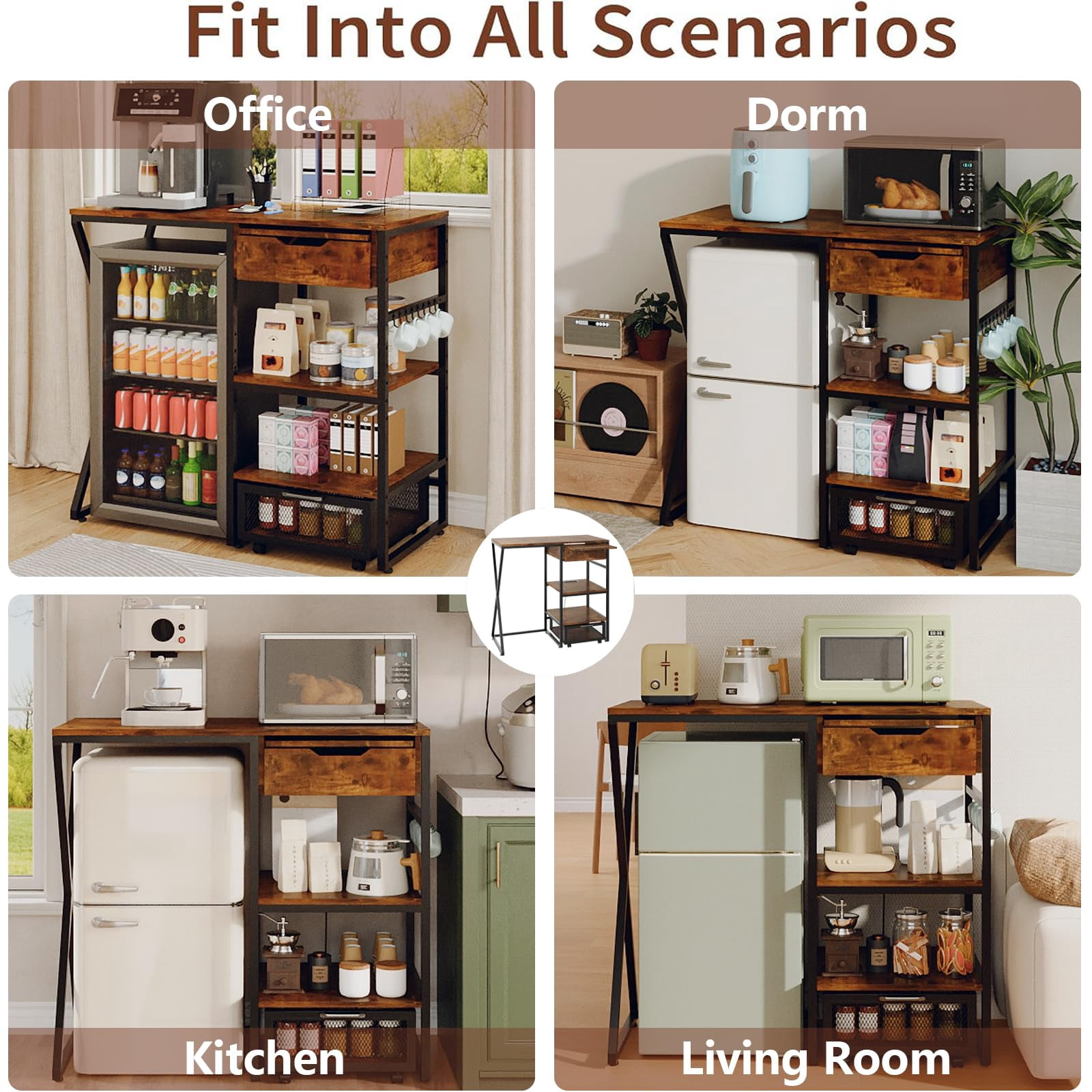 41.7" Mini Fridge Stand with Storage Shelf, 3-Tier Microwave & Coffee Bar Organizer with Basket and Pull-Out Tray for Dorm or Apartment