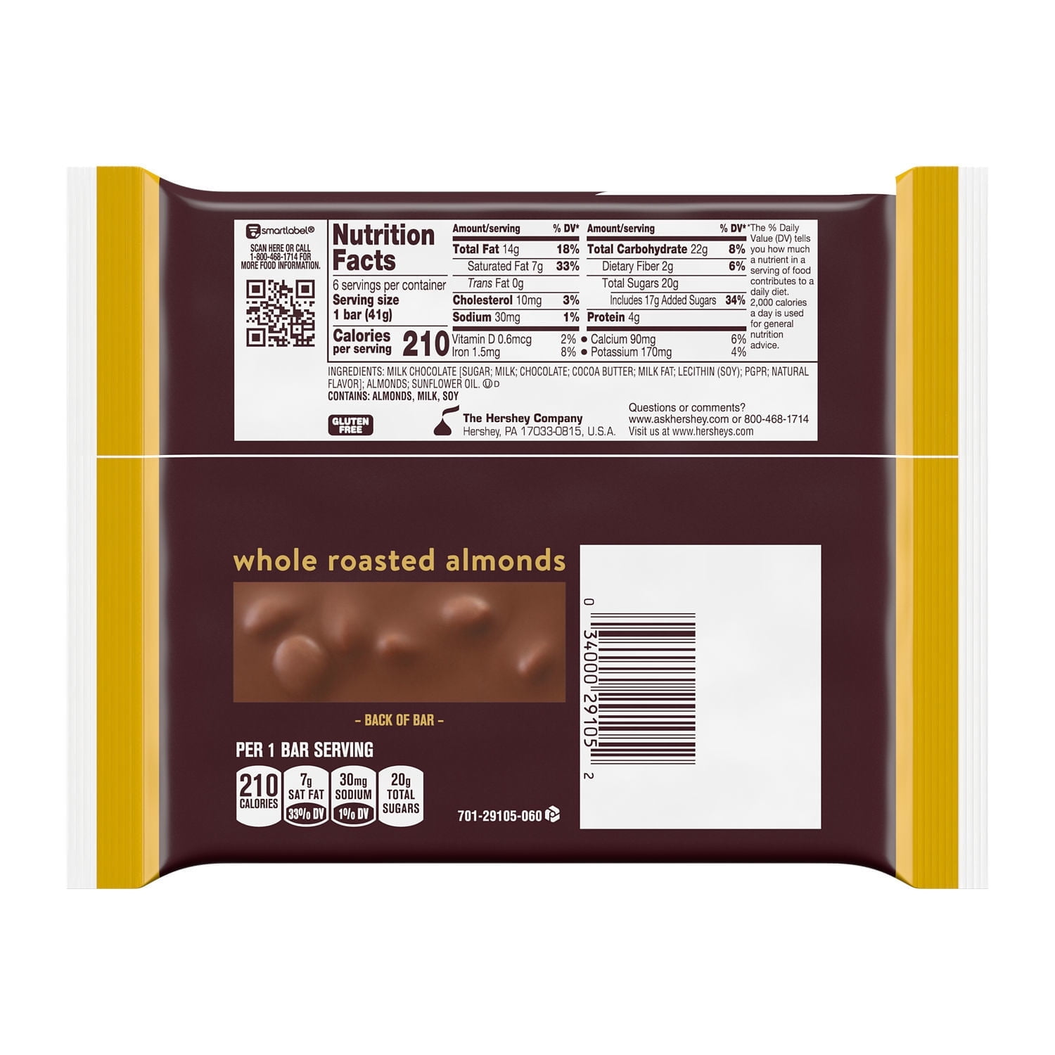 Hershey's Milk Chocolate with Whole Almonds Candy, Bars 1.45 oz, 6 Count pack of 2