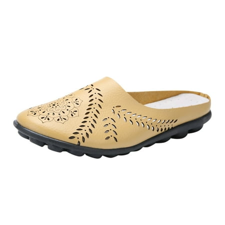 

Krdevn Women s Summer Fashion Solid Color Leather Bottom Flat With Hollow Women s Single Shoes Round Head Le Fu Four Seasons Lazy People Shoes Half Slippers Yellow 6.5