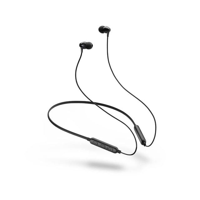 audífonos motorola moto sp106 black Auriculares intrauditivos inalámbricos deportivos negros con banda de cuello flexible y diseño ultraligero resistente al sudor; almohadillas con aletas para ajuste seguro, micrófono y controles integrados en módulo lateral, copas magnéticas que se unen cuando no se usan, hasta 11 horas de reproducción, adecuados para ejercicio.
