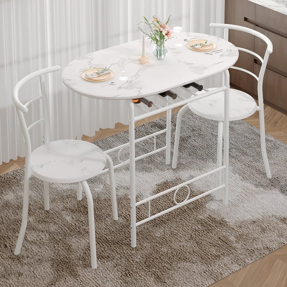 3-Piece White Marble Dining Table Set with Metal Frame, Space Saving