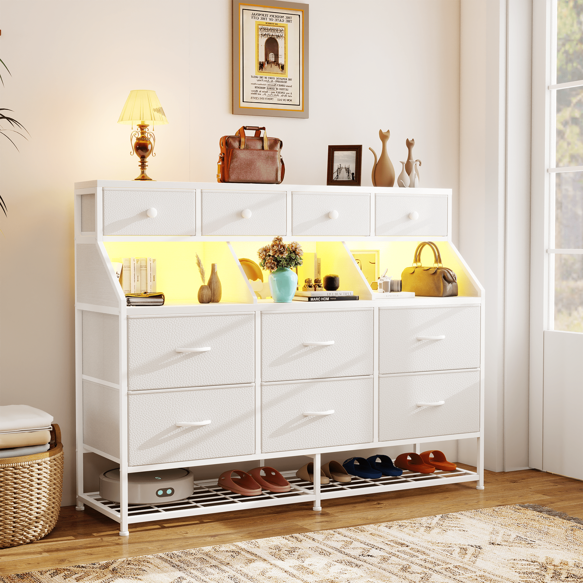 Romorgniz Dresser for Bedroom with 10 Drawers & Shoe Rack Fabric Dressers & Chests of Drawers with LED Lights and Power Outlets,White