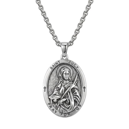MYSTICPOEM Saint Lucy Necklace Religious Protector Pendant St Lucy Medal Jewelry Gifts for Women Men