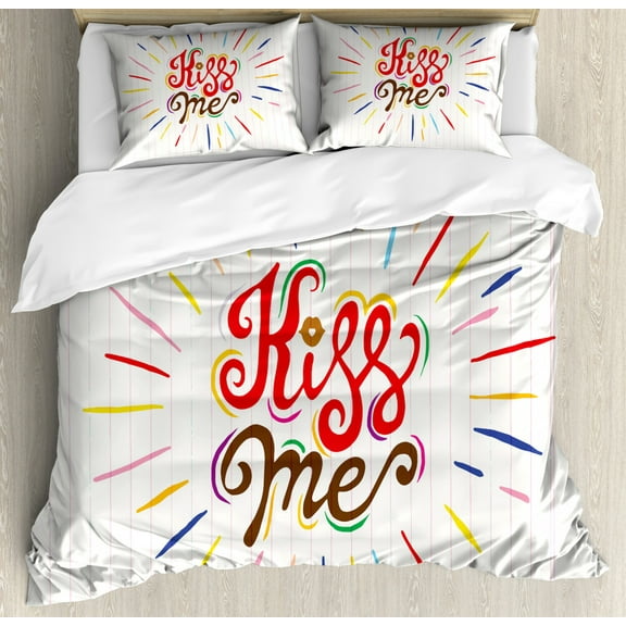 Kiss Me King Size Duvet Cover Set, Vintage Style Quote with Colorful Starburst Stripes on School Textbook Background, Decorative 3 Piece Bedding Set with 2 Pillow Shams, Multicolor, by Ambesonne