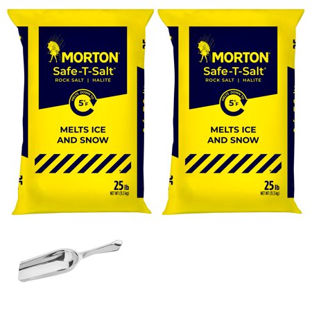 Morton Ice Melter Safe-T-Salt Rock Salt 25 lb. (2 pack) with 6 oz. Stainless Steel Bar Scoop