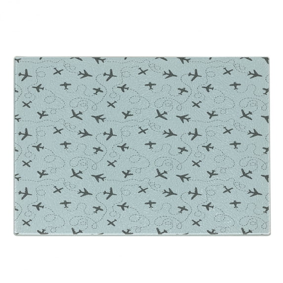 Grey Blue Cutting Board, Aeroplanes with Flight Patterns Swirled Lines Sketch Style Air Vehicles, Decorative Tempered Glass Cutting and Serving Board, Small Size, Pale Blue and Grey, by Ambesonne