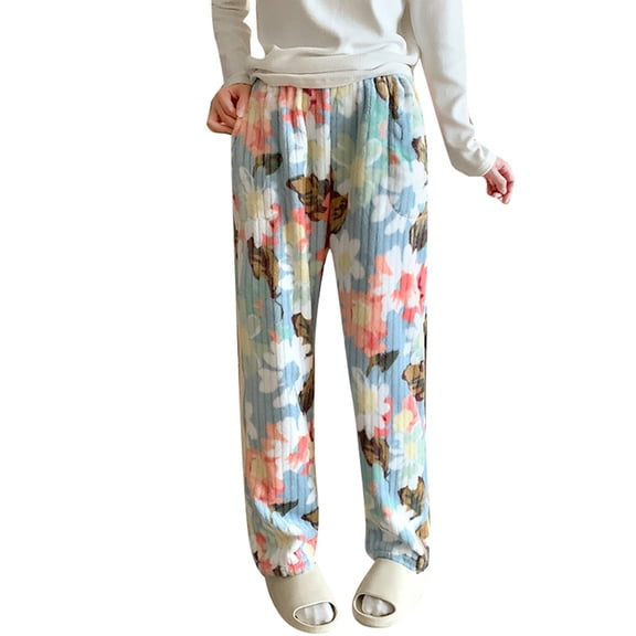 SGMVNU Winter Fuzzy Pajama Pants for Women Cozy Loungewear with Pockets Warm Sleepwear Comfy Classic Elastic Waist Plaid Sleepwear Bottom(Blue, 3XL)