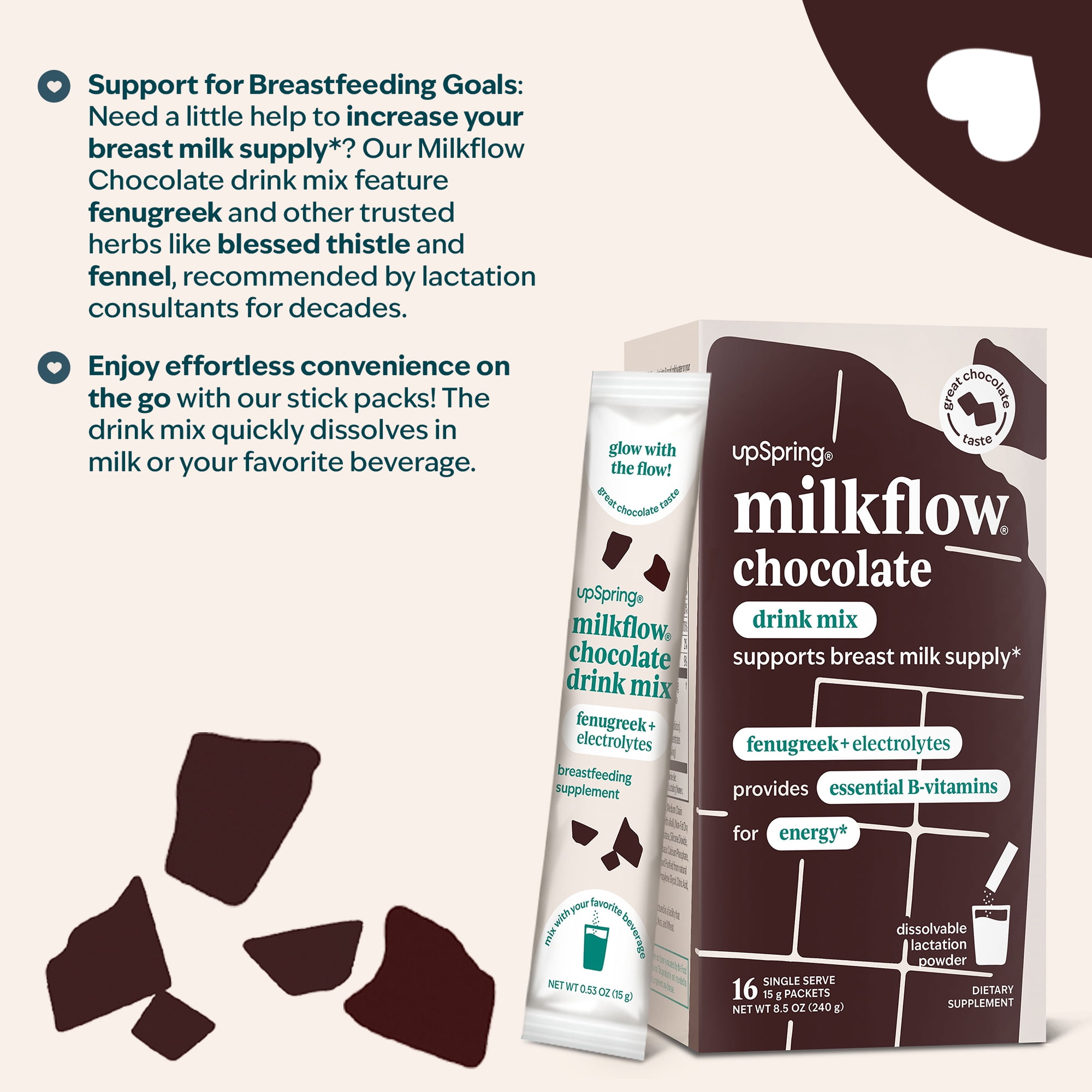 UpSpring Milkflow Chocolate Drink Mix Powder, with Fenugreek + Energy, 16 Count