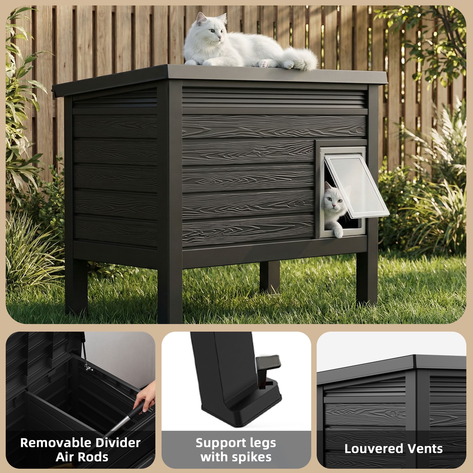 MAYEERTY Indoor & Outdoor Cat House, Gas Strut Top Cover Ventilated Pet Retreat with Removable Divider