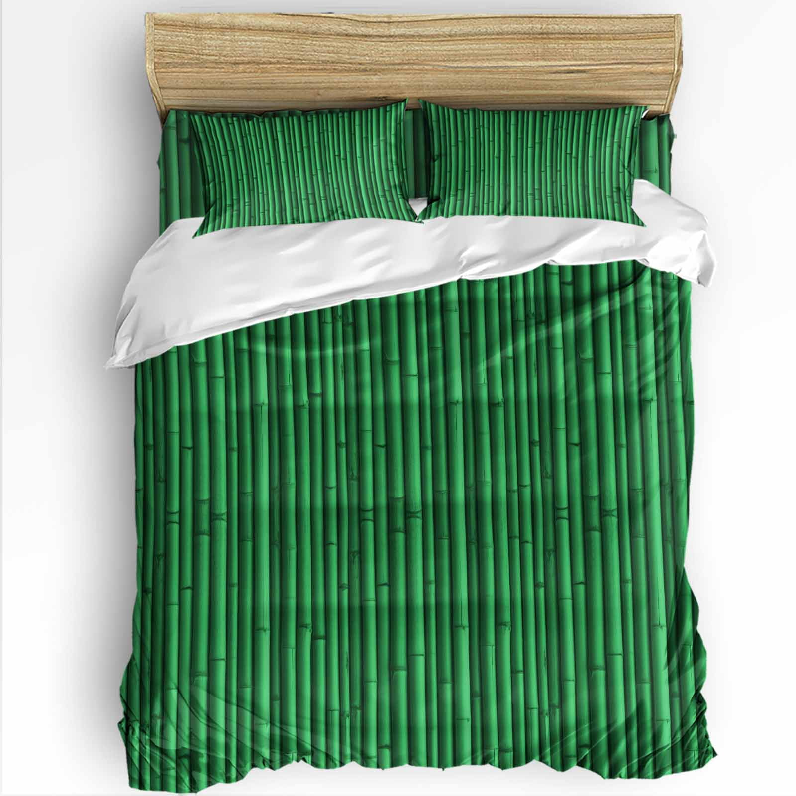 Green Bamboos Queen Duvet Cover Set, Natural Vintage Bamboos Tree Plant Image 4 Piece Microfiber Bedding Set with Zipper Closure, Bed Sheet and 2 Pillow Shams, Soft Bedding Cover