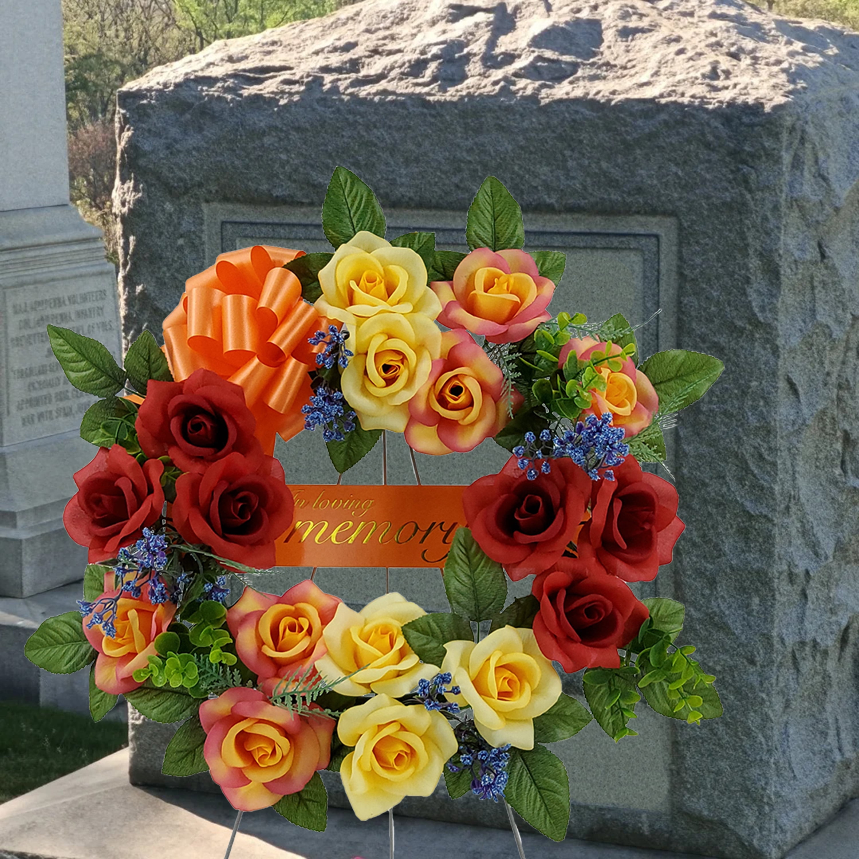 Mainstays 17in Outdoor Artificial Rose Wreath, Red and Yellow Color. Polyester.