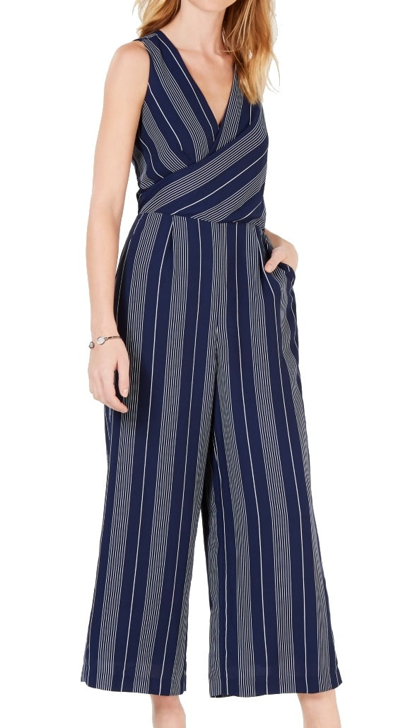 white and navy striped jumpsuit